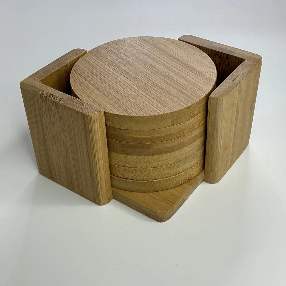 Natural Bamboo Round Coaster Set Unisex OS 6-Piece with Holder